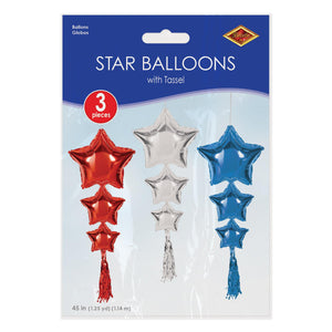 Beistle Star Balloons with Tassels Assorted Red, Silver, Blue - Assembly Required - 45-inch Size - Patriotic Mylar Balloon Accessories
