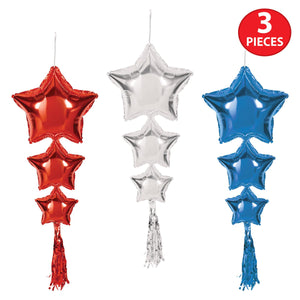 Beistle Star Balloons with Tassels Assorted Red, Silver, Blue - Assembly Required - 45-inch Size - Patriotic Mylar Balloon Accessories