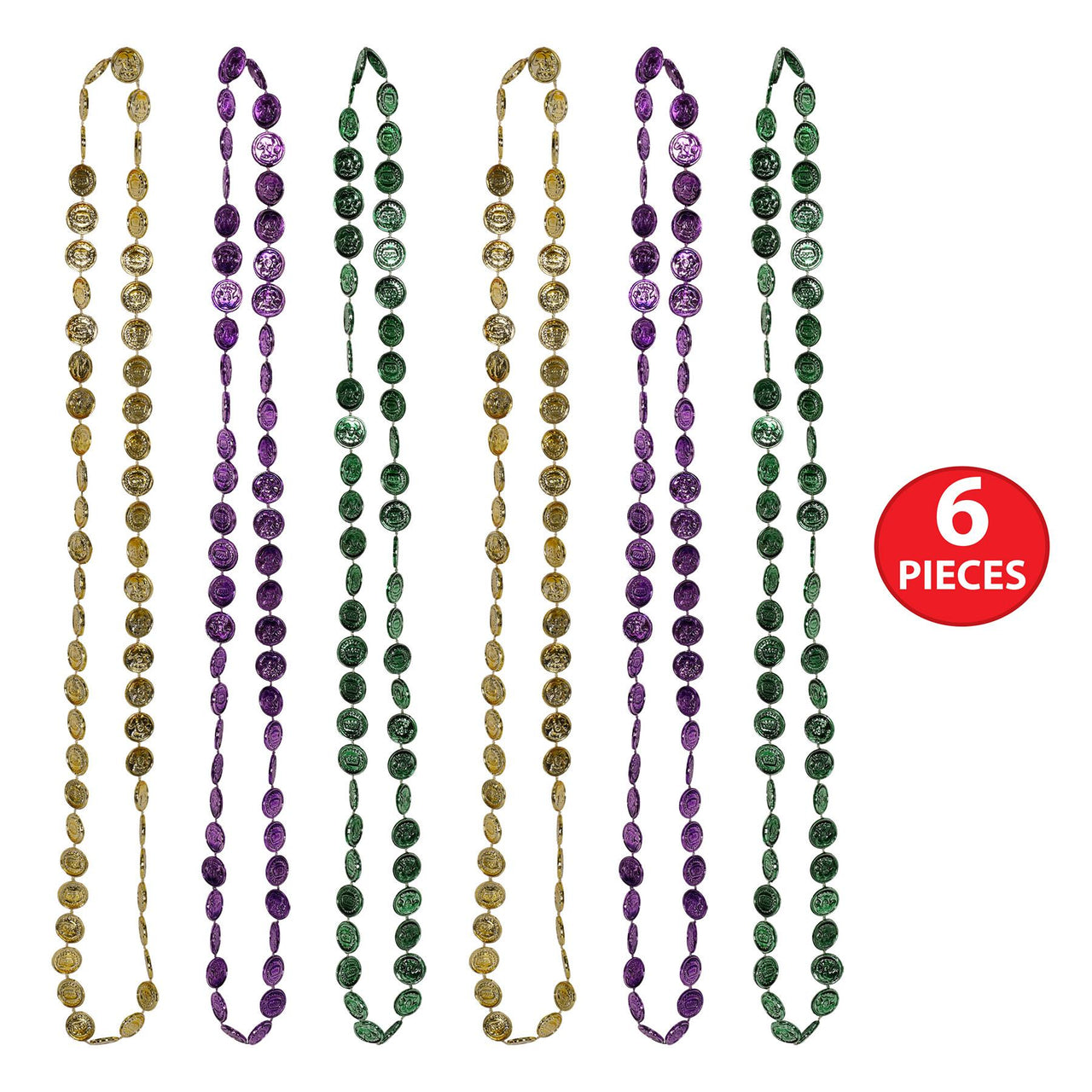 Beistle Mardi Gras Coin Beads - Assorted Gold, Green, Purple (6/Pkg) - 33 Inch
