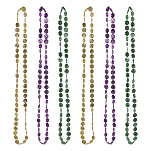 Mardi Gras Coin Bead Necklaces assorted gold, green, purple (6/Pkg)