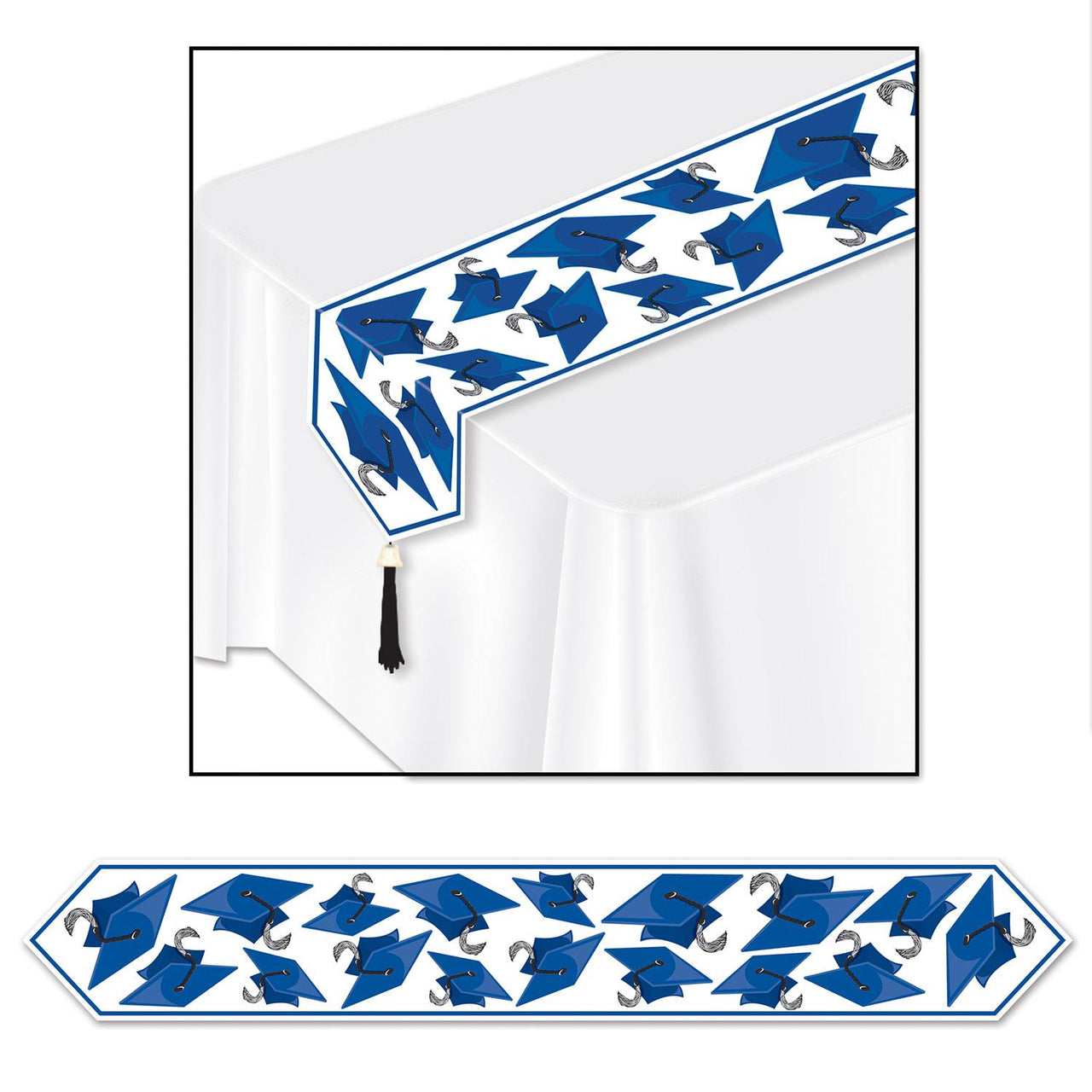 Printed Grad Cap Graduation Party Paper Table Runner - blue