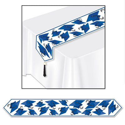 Printed Grad Cap Graduation Party Paper Table Runner - blue