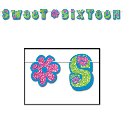Glittered Sweet Sixteen Streamer - blue - Light green - pink
