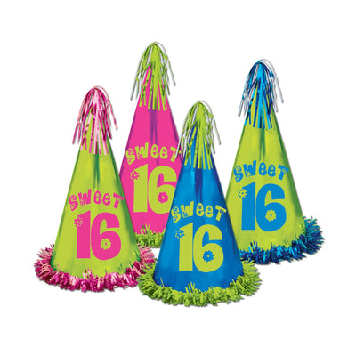 Fringed Foil Sweet 16 Birthday Party Hats assorted colors (12/Case)