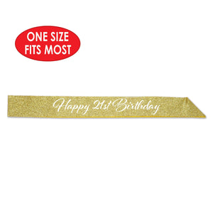 Bulk Happy 21st Birthday Glittered Sash (Case of 6) by Beistle