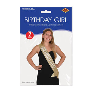 Beistle Birthday Girl Headband & Sash Set - Rhinestone Headband & Glittered Sash - Birthday Costume Accessories