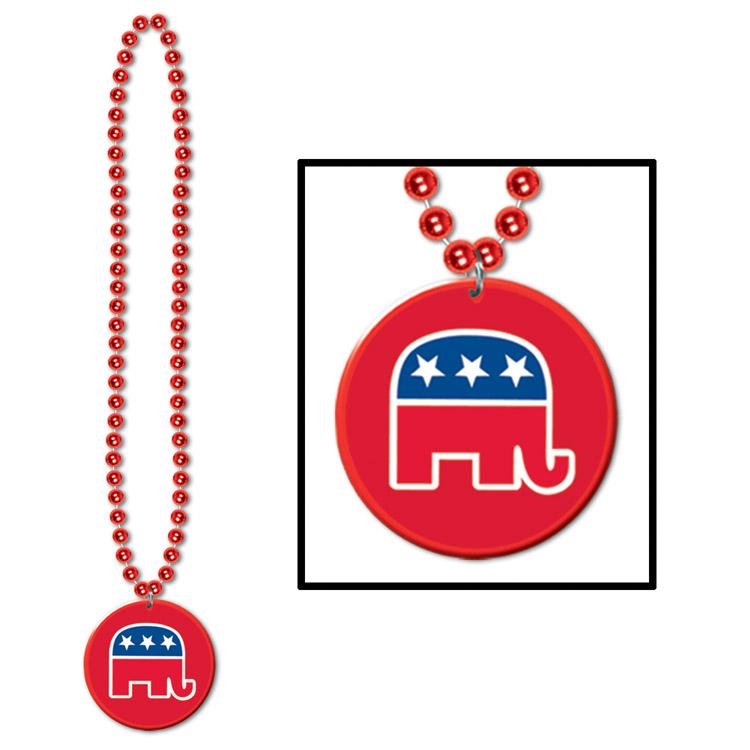 Beistle Bead Necklaces with Republican Party Medallion