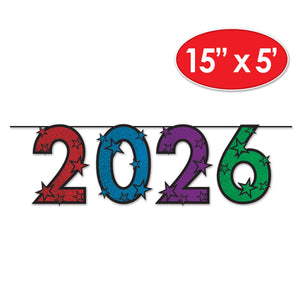 Beistle 2026 Streamer multi-color; glitter print - 15 Inch New Years Multi-Color Streamer