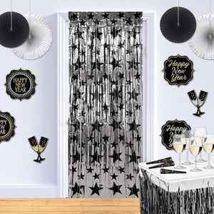 1-Ply Gleam 'N Party Curtain - Silver with Black Stars