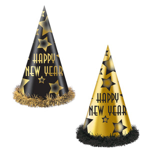 Happy New Year Party Hats Black and Gold (25 per Box)