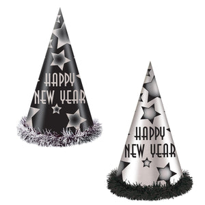 Happy New Year Party Hats Black and Silver (25 per Box)