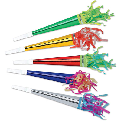 Foil New Years Party Horns with Tassel assorted colors (100/Case)