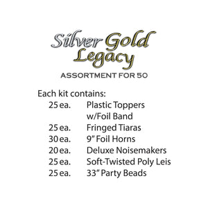 Silver Gold Legacy Assortment for 50, party supplies, decorations, The Beistle Company, New Years, Bulk, Holiday Party Supplies, Discount New Years Eve 2017 Party Supplies, 2017 New Year's Eve Party Kits, New Year's Party Kits for 50 People