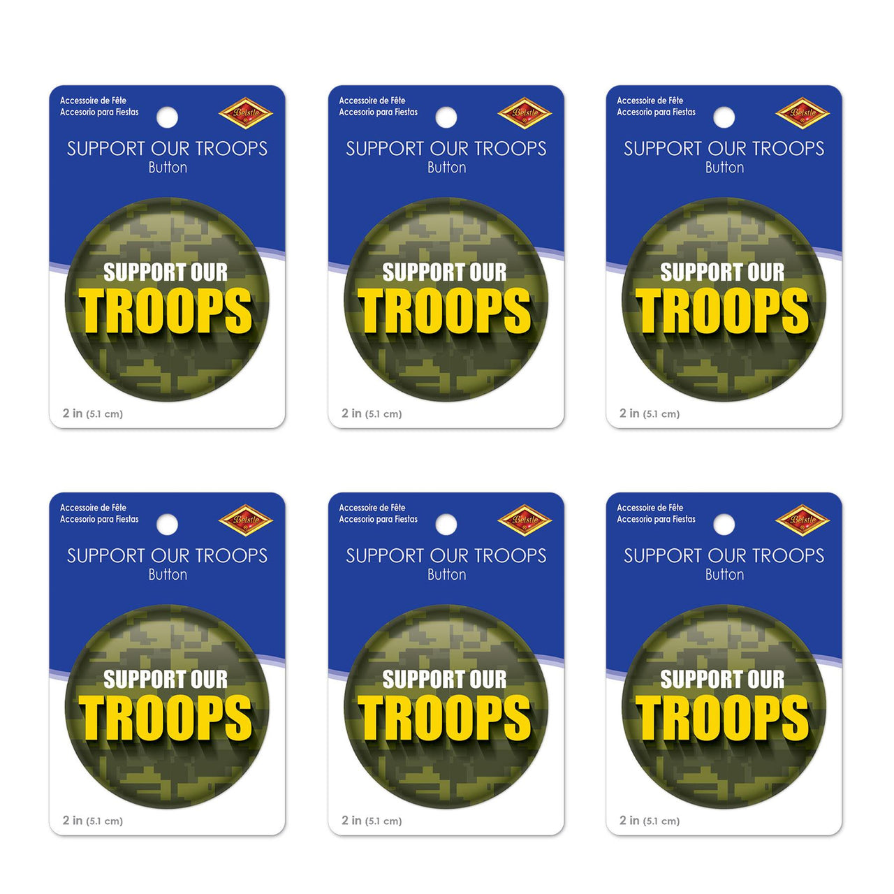 Beistle Support Our Troops Button (Case of 6)