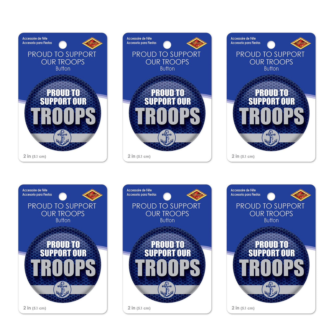Beistle Proud To Support Our Troops Button (Case of 6)