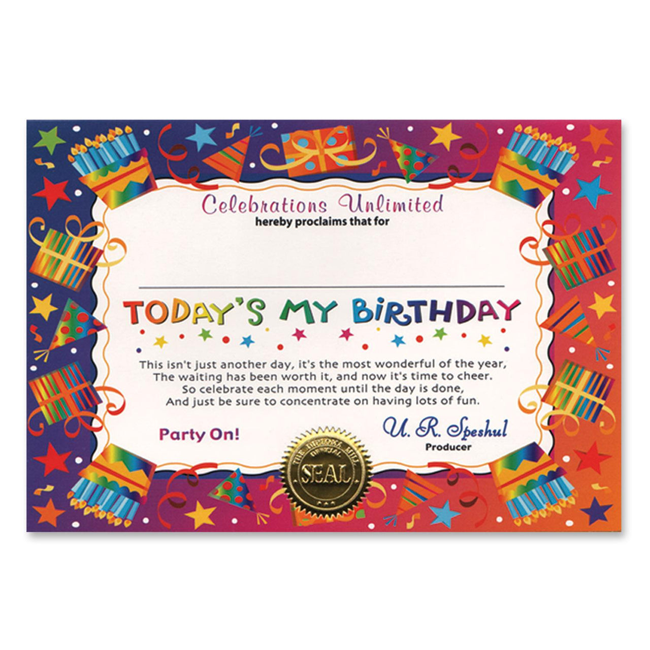 Beistle Today's My Birthday Certificate