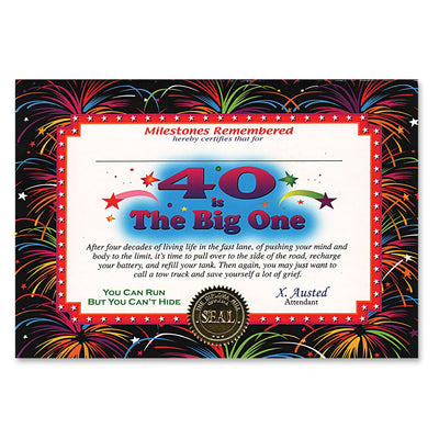 Beistle 40 Is The Big One Certificate