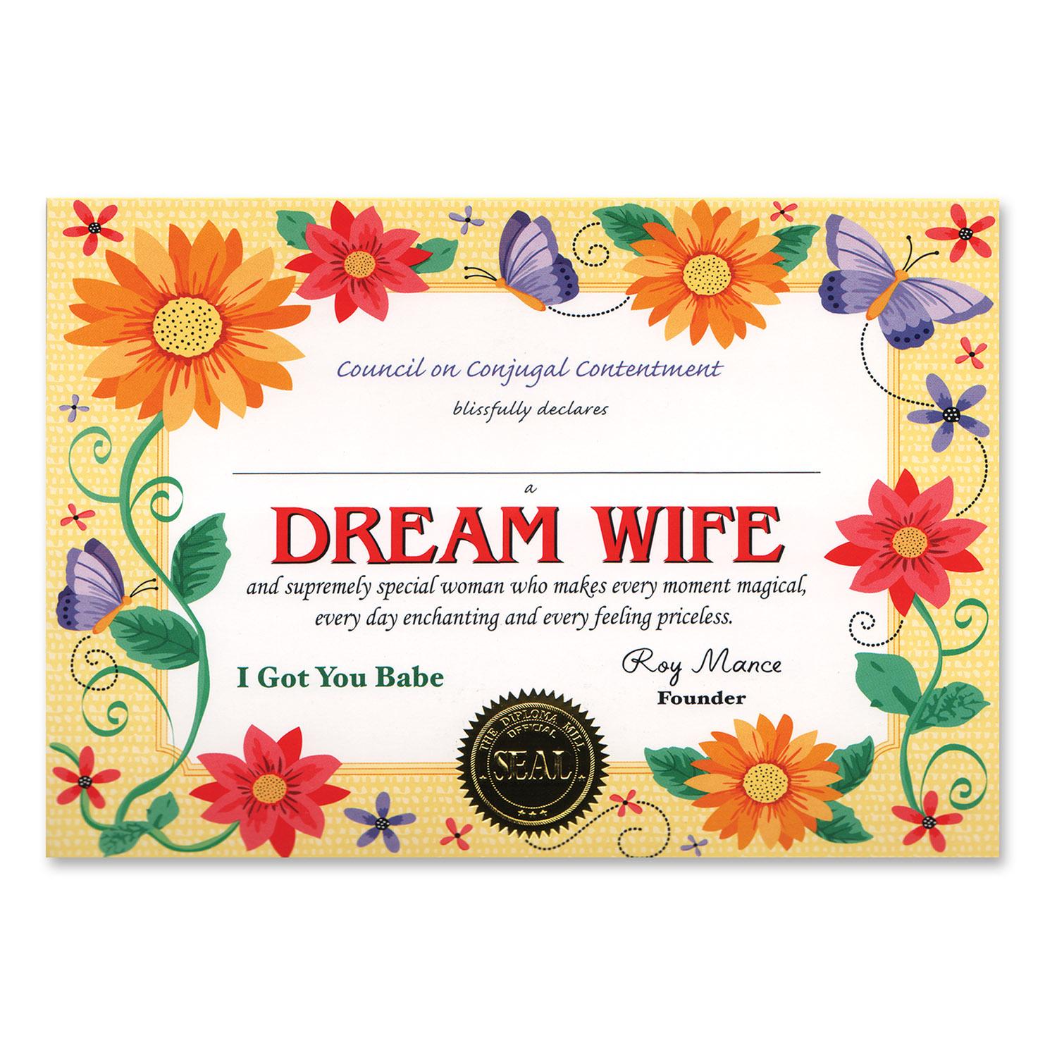 Beistle Dream Wife Certificate