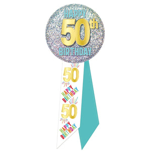 Beistle 50th Birthday Rosette- Blue, White, and Glitter